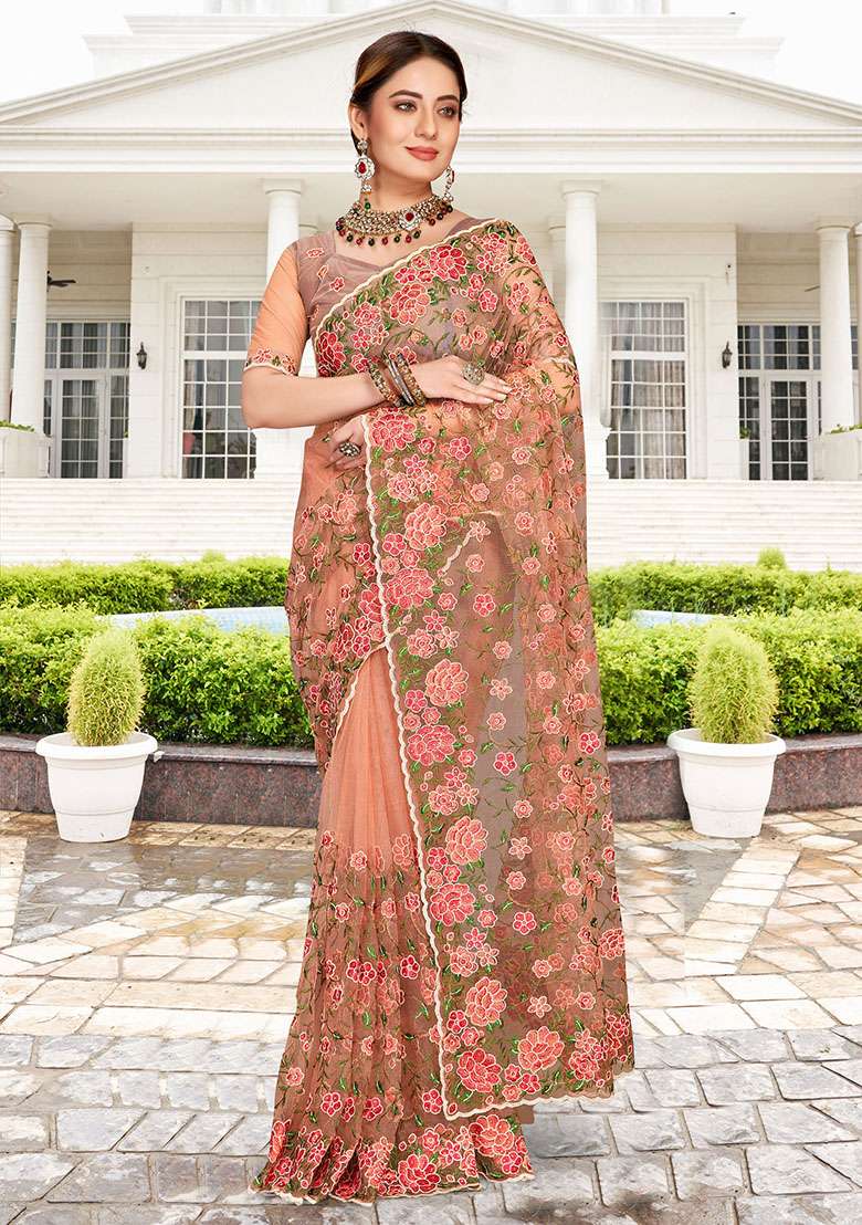 Dusty Peach NET Saree with Embroidery for Diwali | Wedding & Festive Wear - Indya