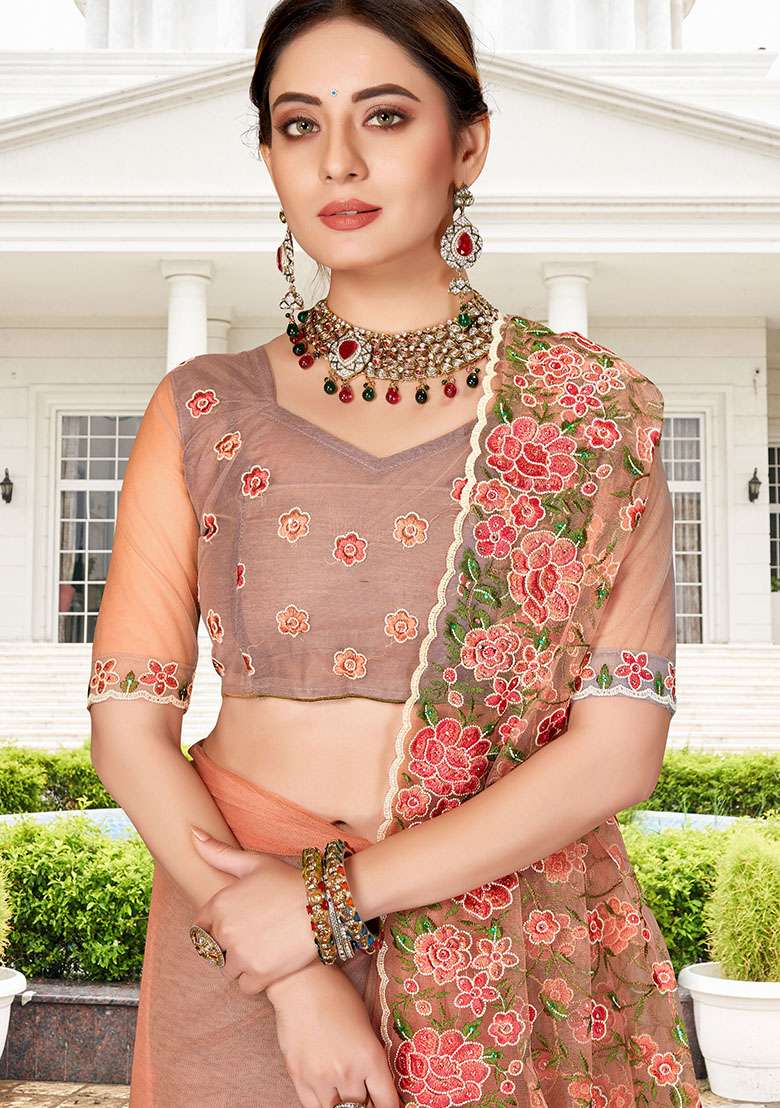Dusty Peach NET Saree with Embroidery for Diwali | Wedding & Festive Wear - Indya