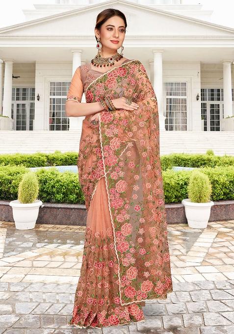Dusty Peach Embroidery NET Saree