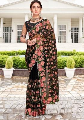 Black Embroidery NET Saree