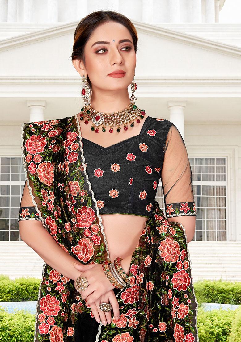 Black Embroidery NET Saree - Indya