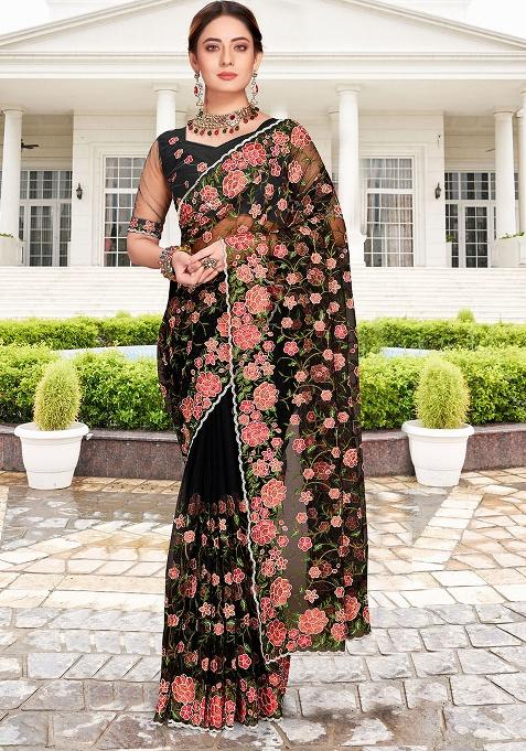 Black Embroidery NET Saree
