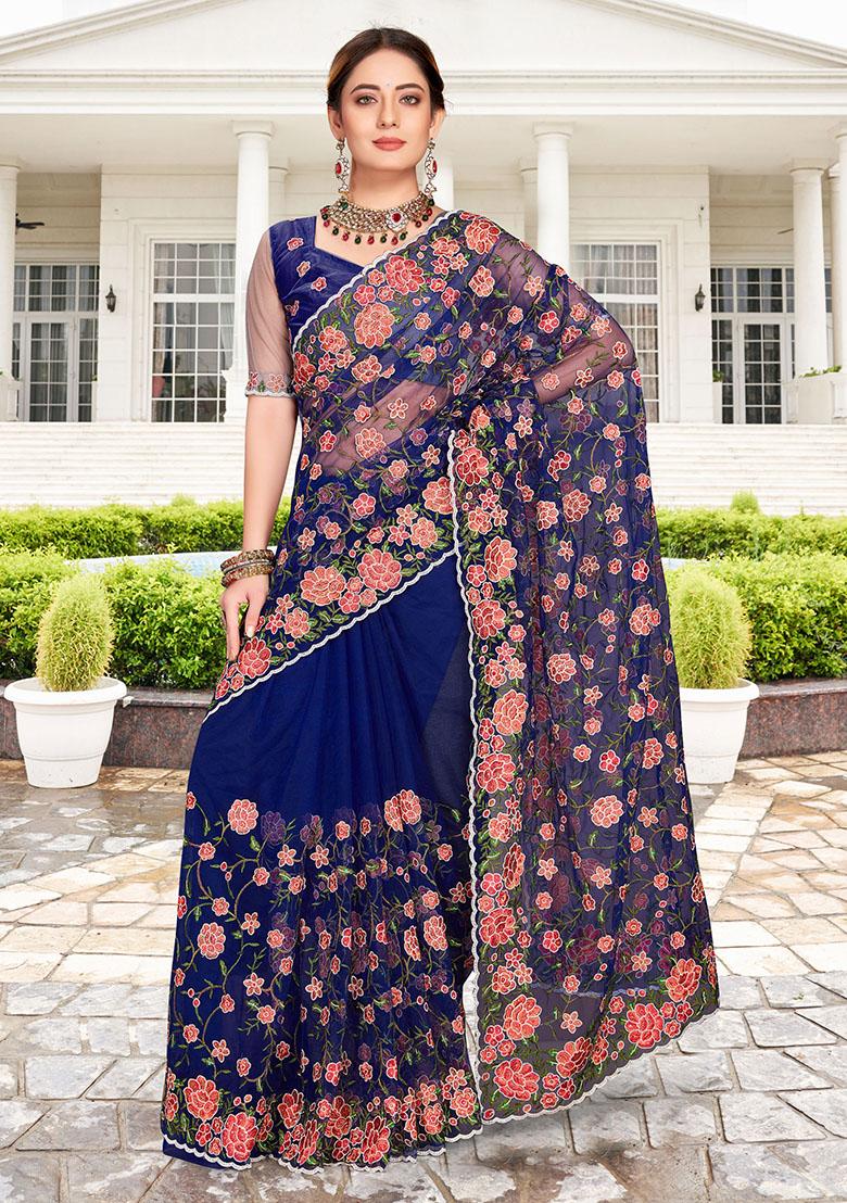 Navy Blue Embroidery NET Saree - Indya