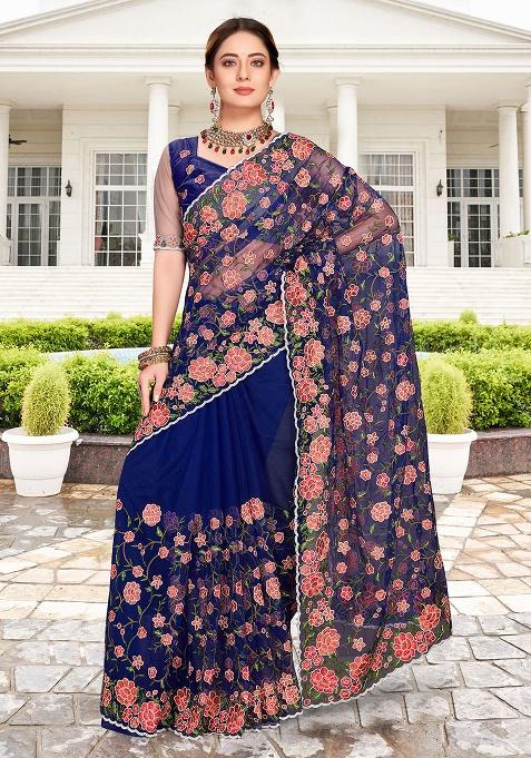 Navy Blue Embroidery NET Saree