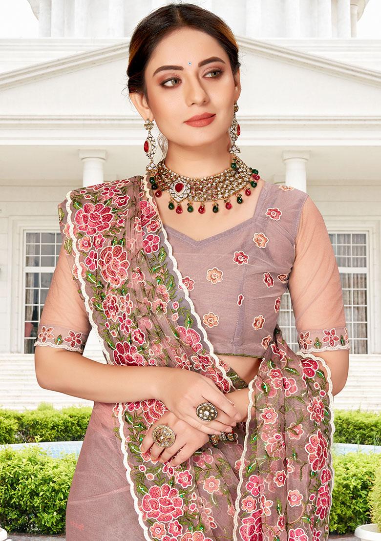 Lavender Embroidery NET Saree - Indya