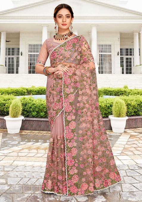 Lavender Embroidery NET Saree