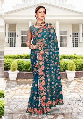 Morpeach Embroidery NET Saree
