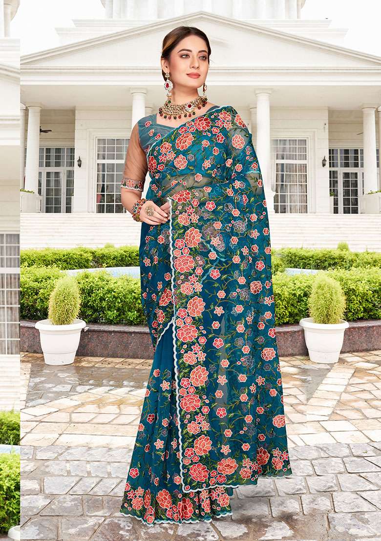 Morpeach Embroidery NET Saree for Diwali and Festive Wear - Indya