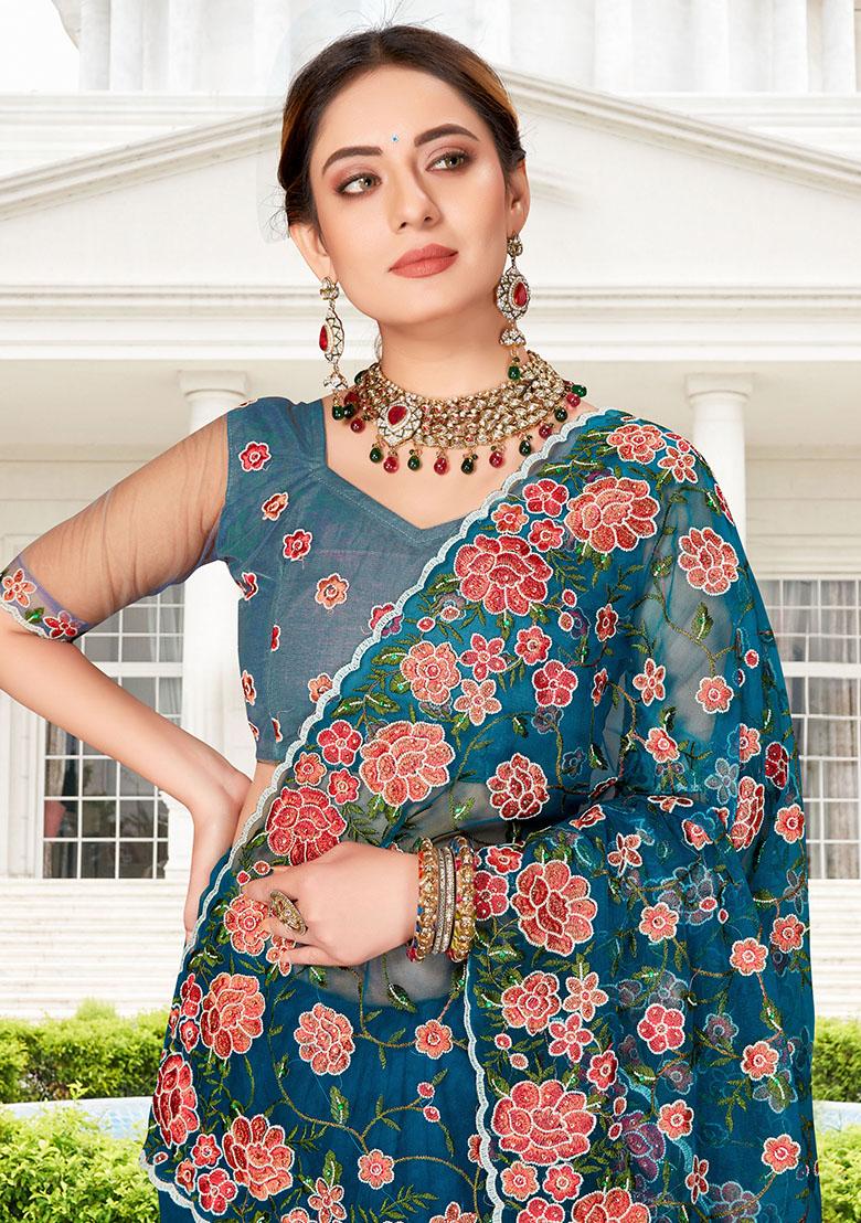 Morpeach Embroidery NET Saree - Indya