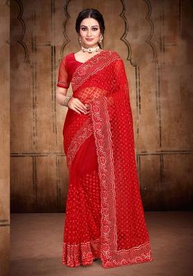 Red Embroidery NET Saree