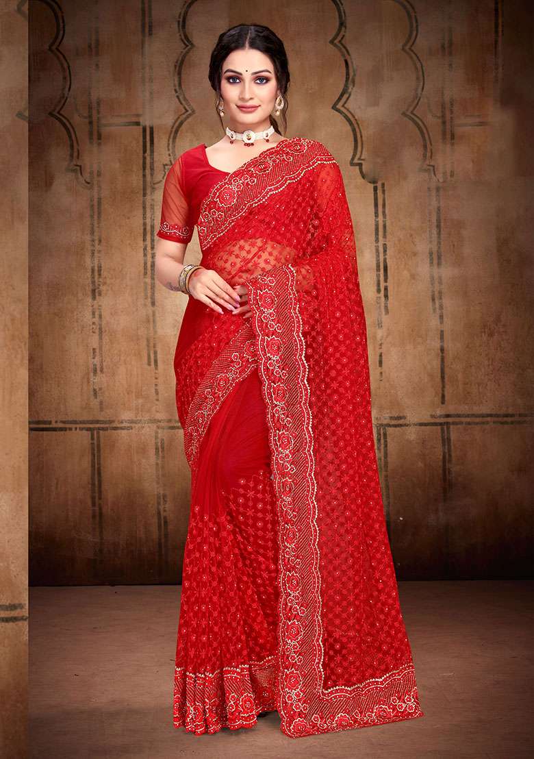 Red Embroidery NET Saree for Diwali and Festive Wear - Indya