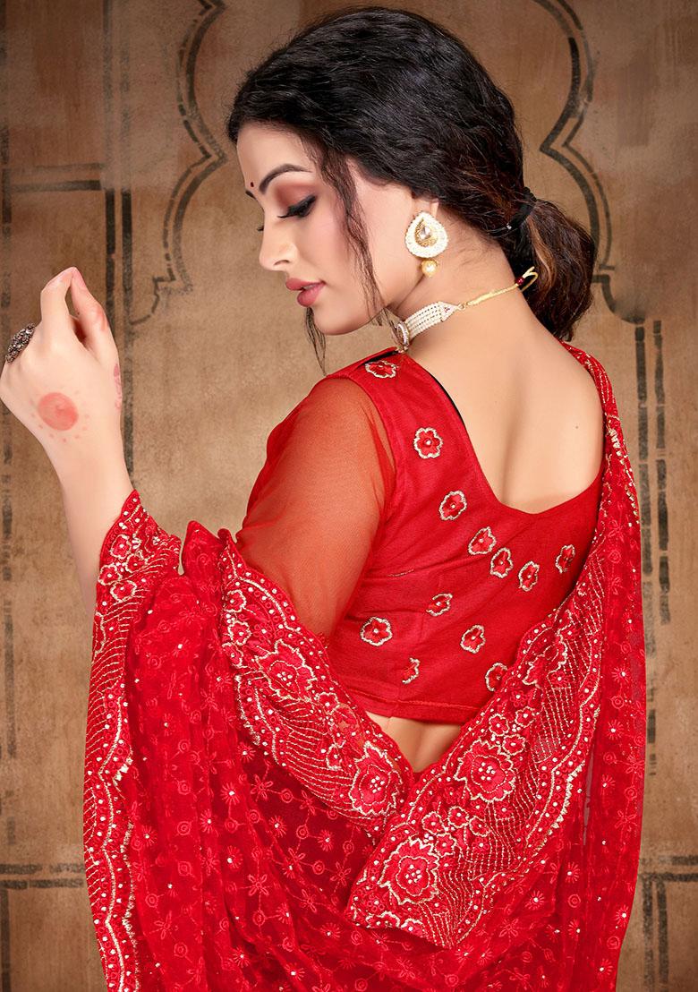 Red Embroidery NET Saree - Indya