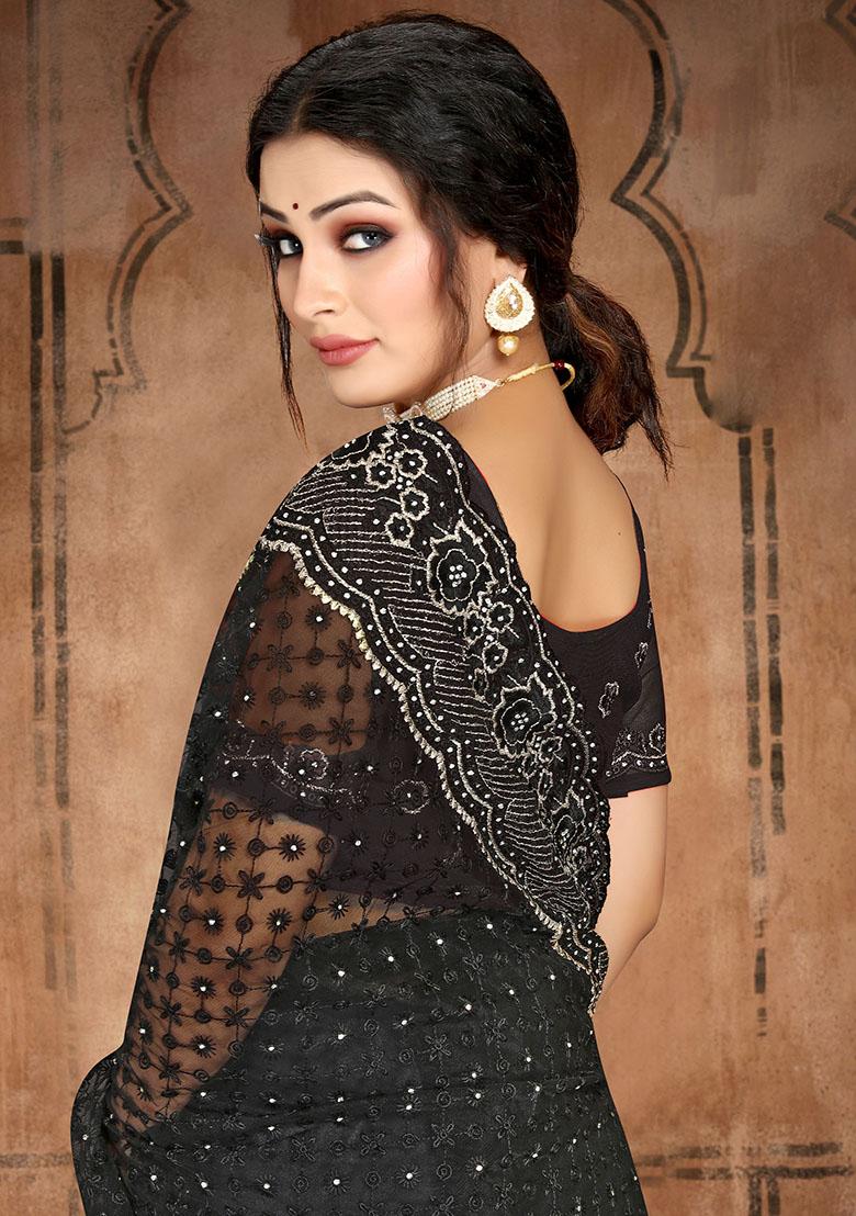 Black Embroidery NET Saree - Indya