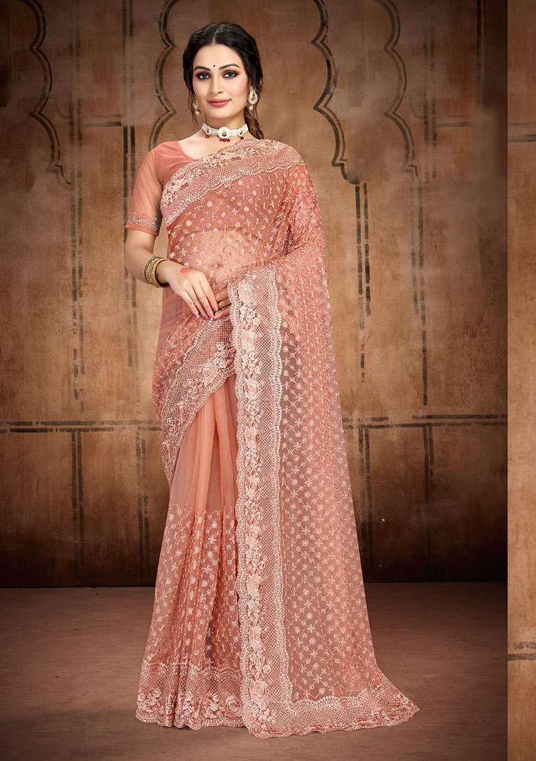 Rust NET Saree with Embroidery for Diwali | Wedding & Festive Wear - Indya