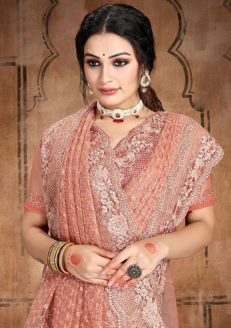Rust Embroidery NET Saree - Indya