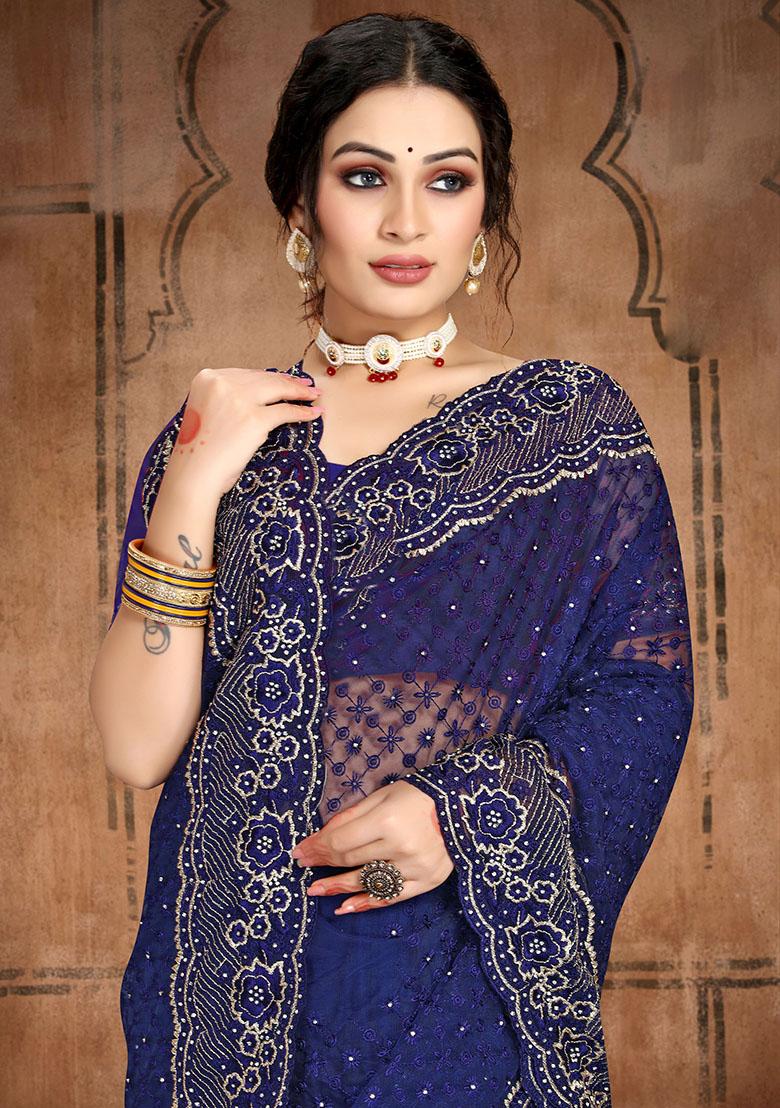 Navy Blue Embroidery NET Saree - Indya