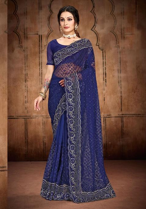 Navy Blue Embroidery NET Saree