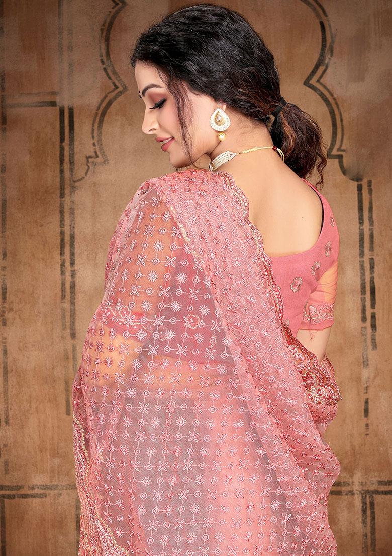 Dusty Pink Embroidery NET Saree - Indya