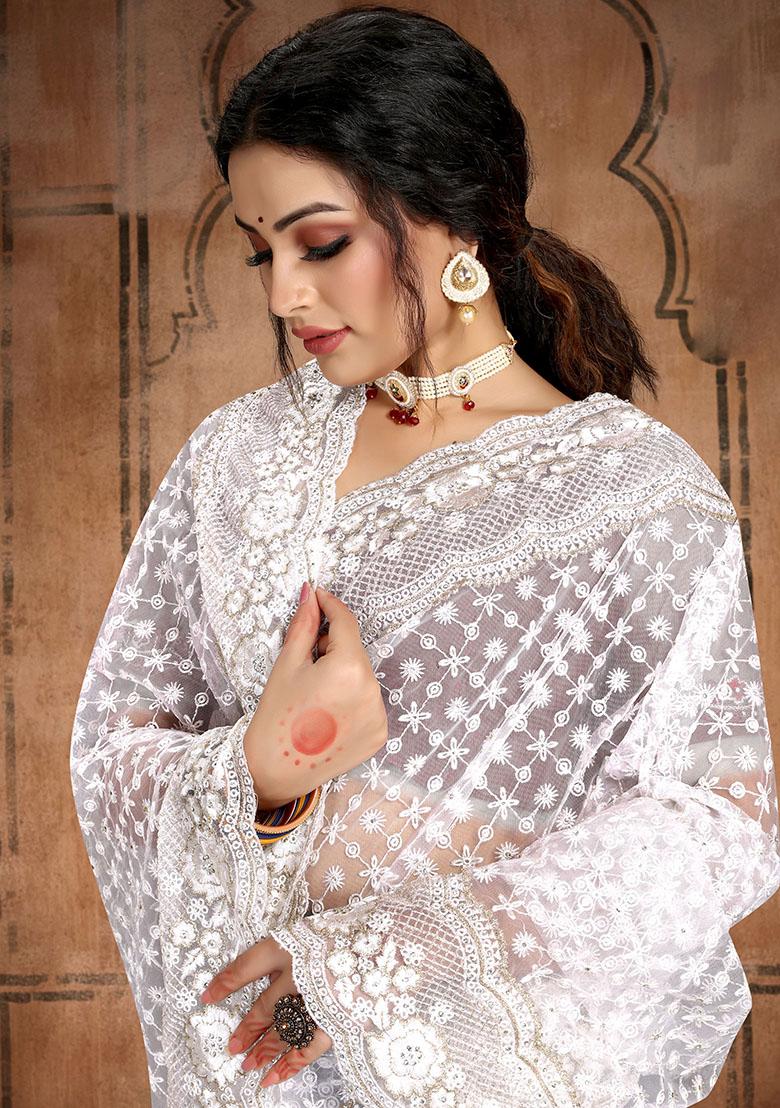 White Embroidery NET Saree - Indya