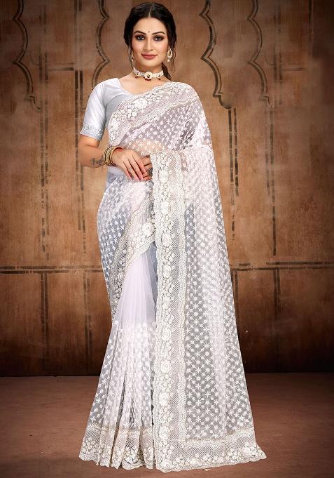 White Embroidery NET Saree