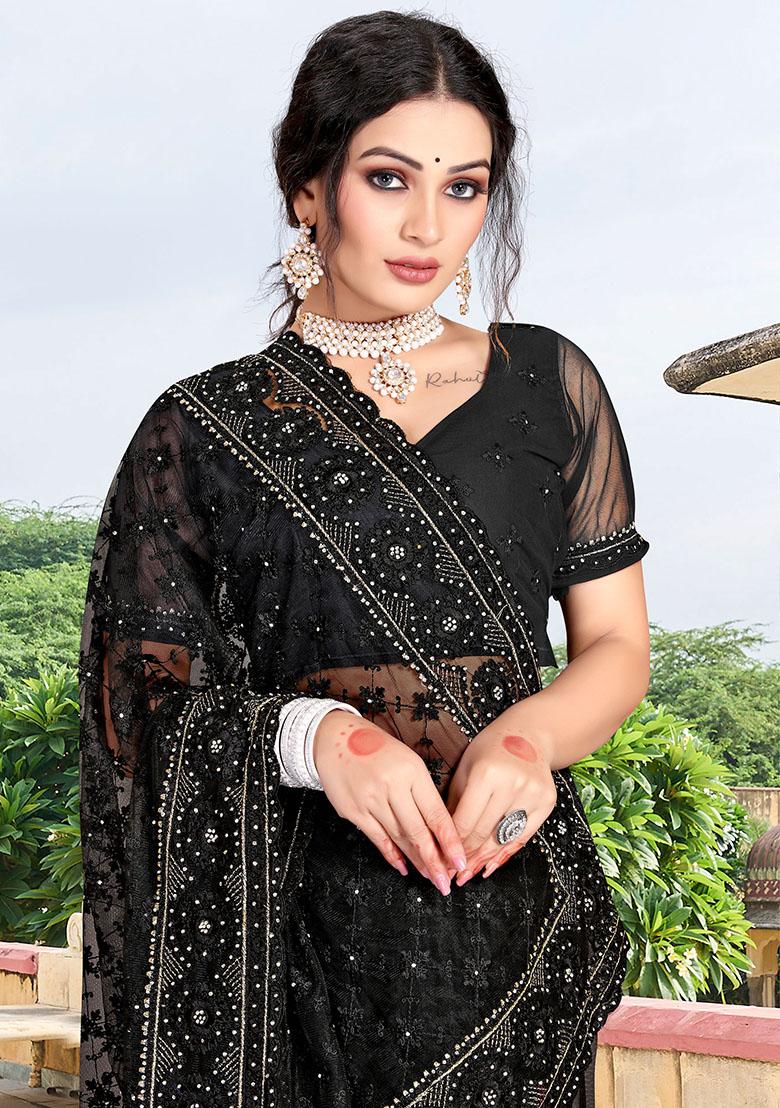 Black Embroidery NET Saree - Indya
