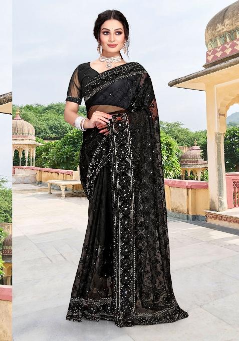 Black Embroidery NET Saree