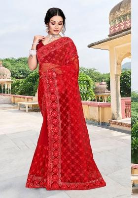 Red Embroidery NET Saree