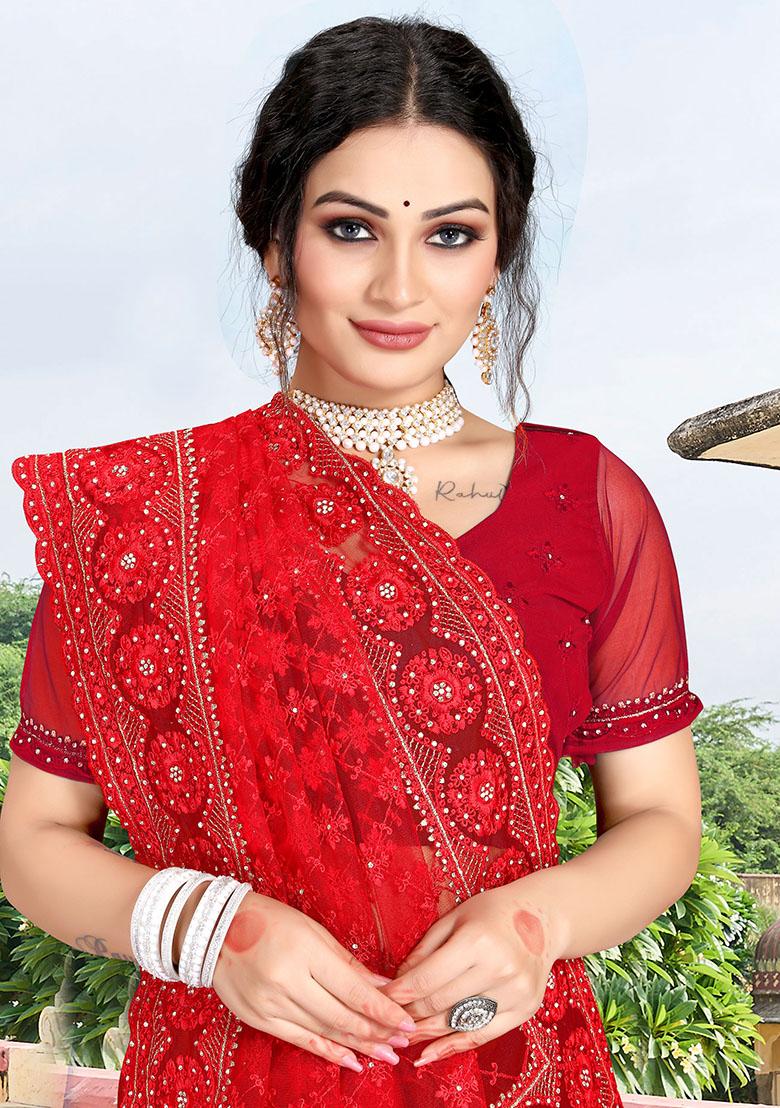 Red Embroidery NET Saree - Indya