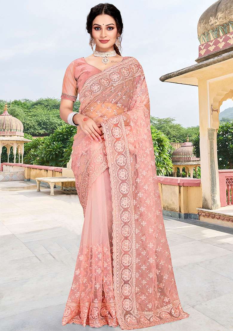 Peach NET Saree with Embroidery for Diwali | Wedding & Festive Wear - Indya