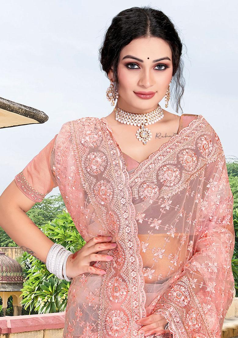 Peach Embroidery NET Saree - Indya
