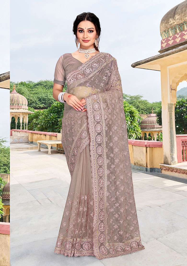 Mouse NET Saree with Embroidery for Diwali | Wedding & Festive Wear - Indya