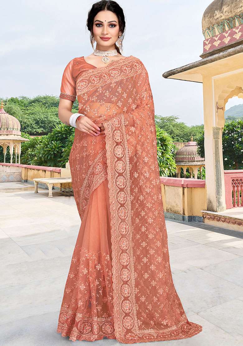 Rust Embroidery NET Saree for Diwali and Festive Wear - Indya