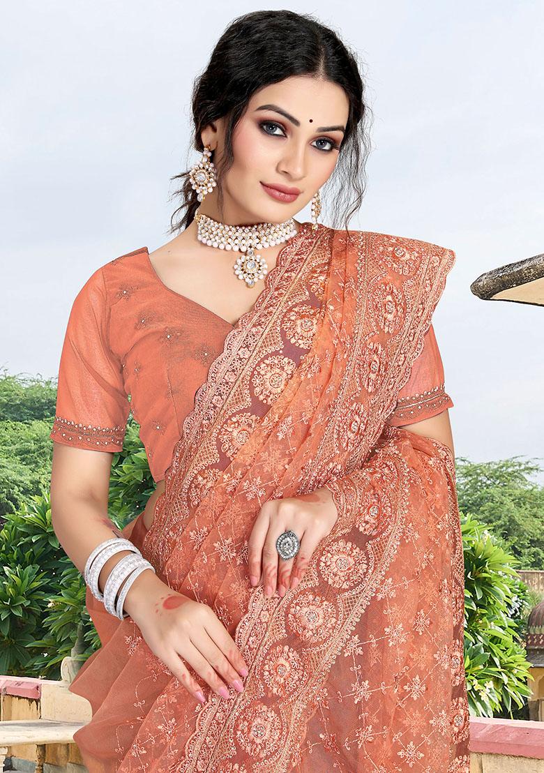 Rust Embroidery NET Saree - Indya