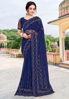 Navy Blue Embroidery NET Saree
