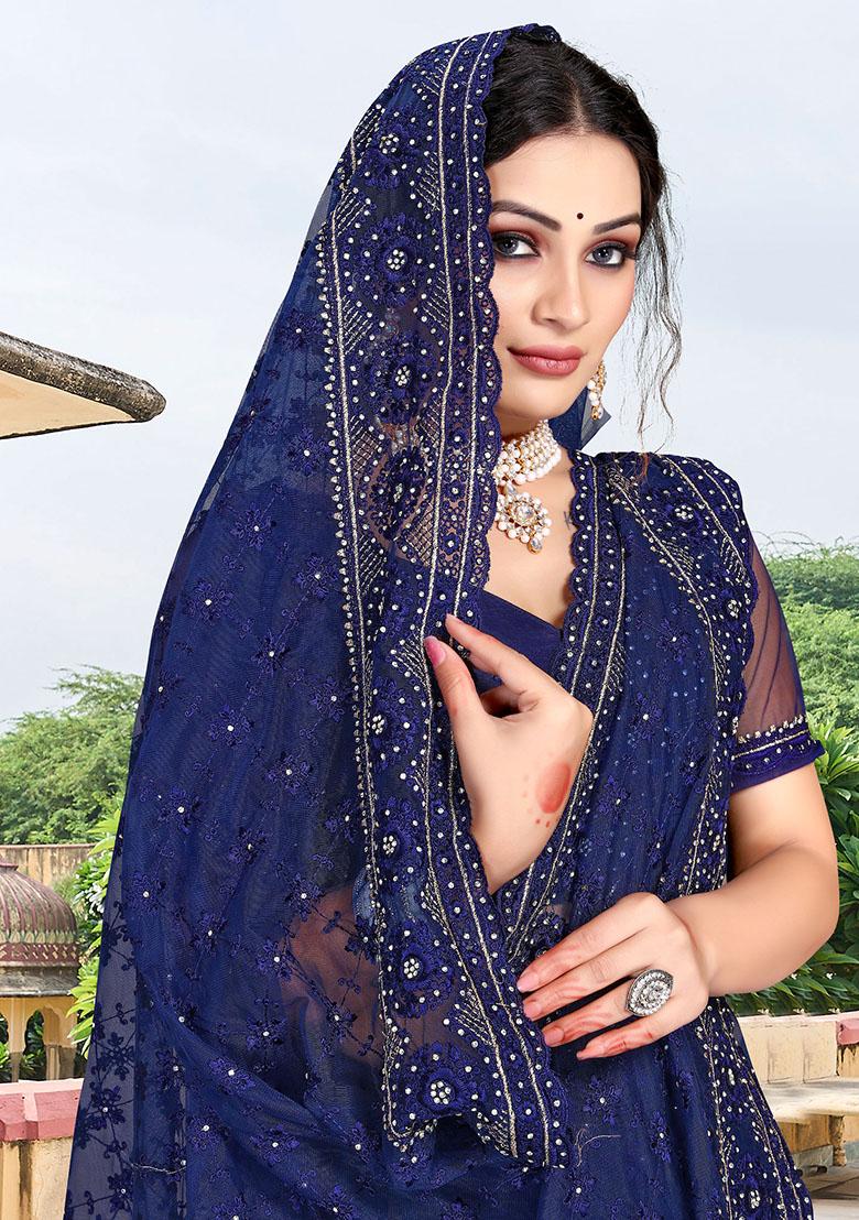 Navy Blue Embroidery NET Saree - Indya