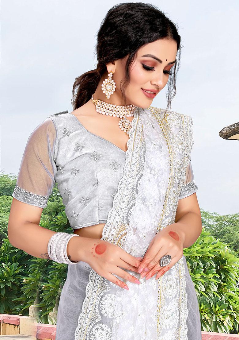 White Embroidery NET Saree - Indya