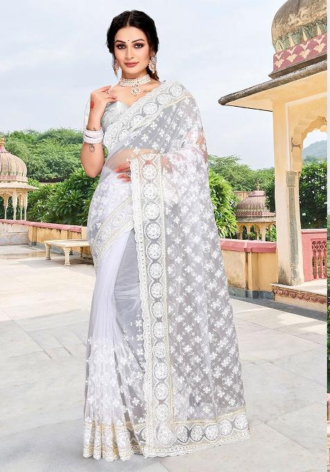 White Embroidery NET Saree