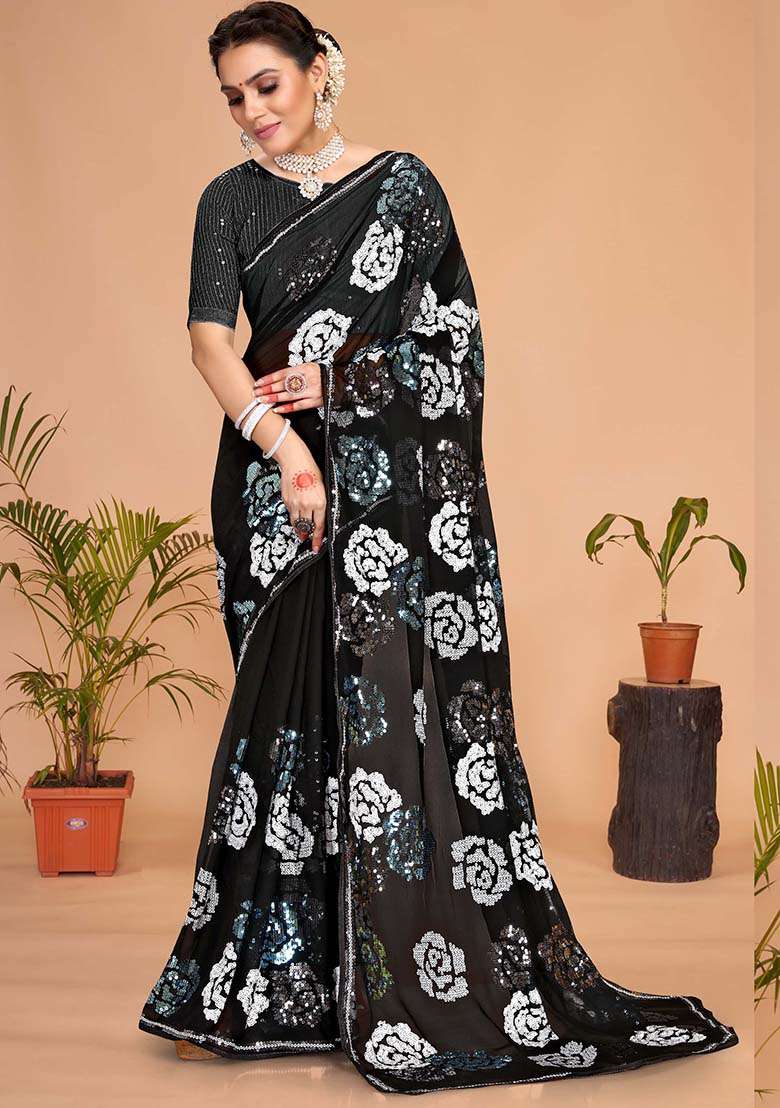 Black Embroidery Georgette Saree for Diwali and Festive Wear - Indya