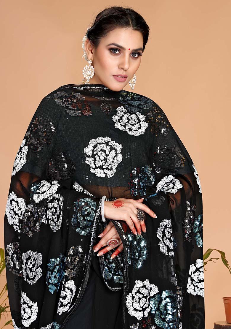 Black Embroidery Georgette Saree - Indya