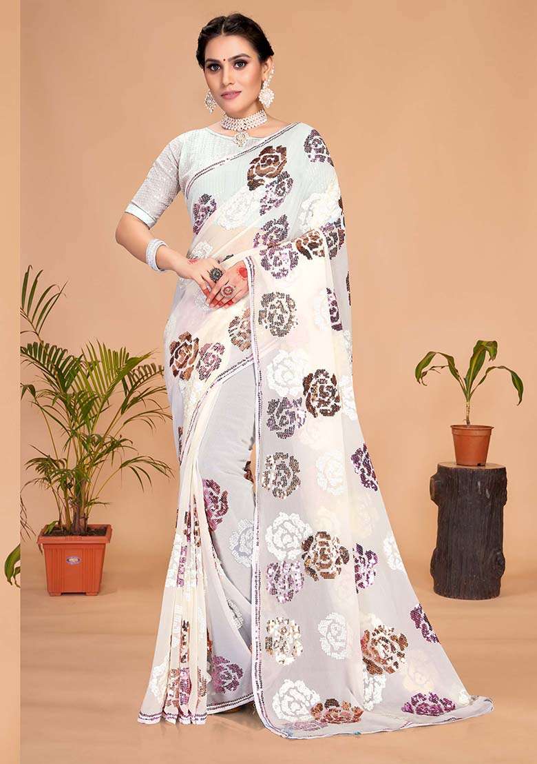 White Embroidery Georgette Saree for Diwali and Festive Wear - Indya