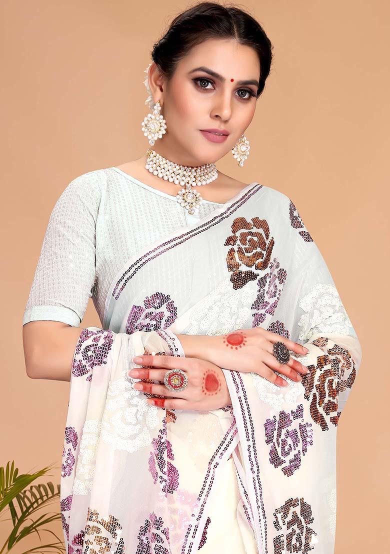 White Embroidery Georgette Saree - Indya