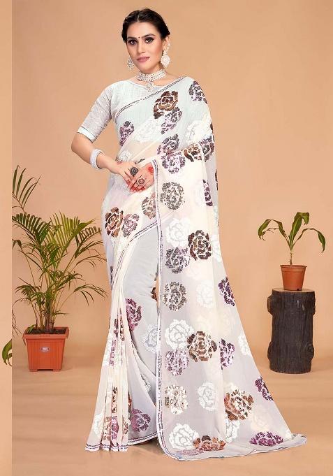 White Embroidery Georgette Saree