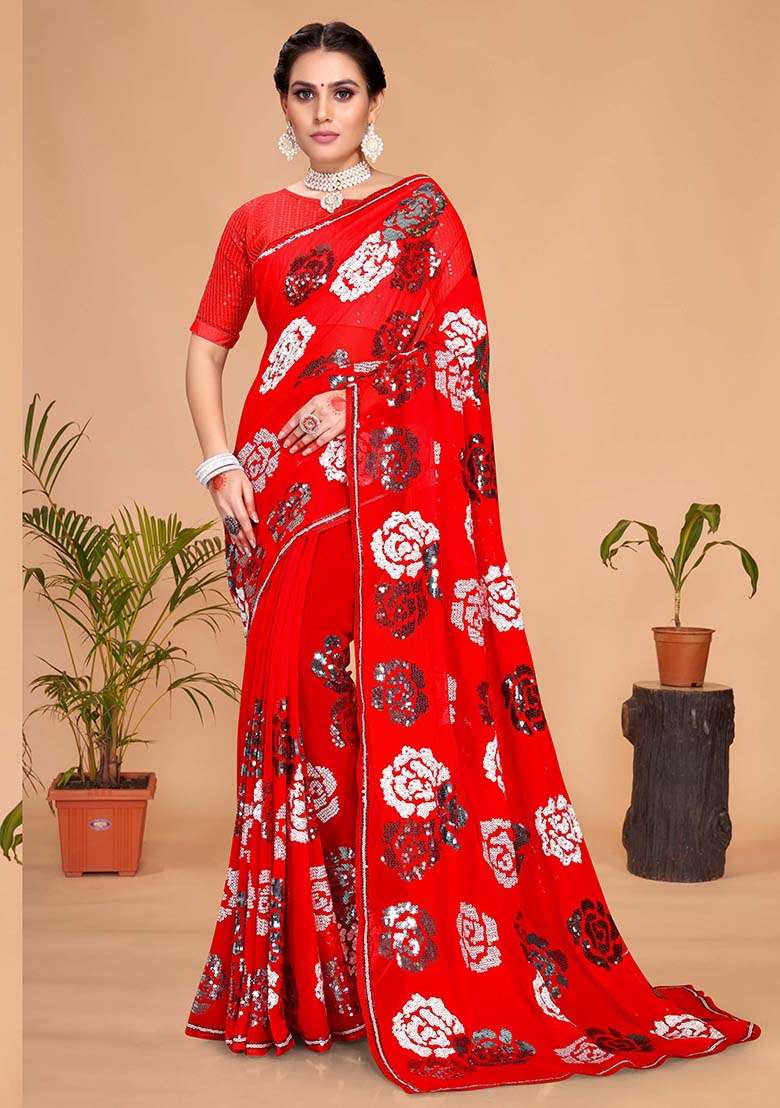 Red Embroidery Georgette Saree for Diwali and Festive Wear - Indya