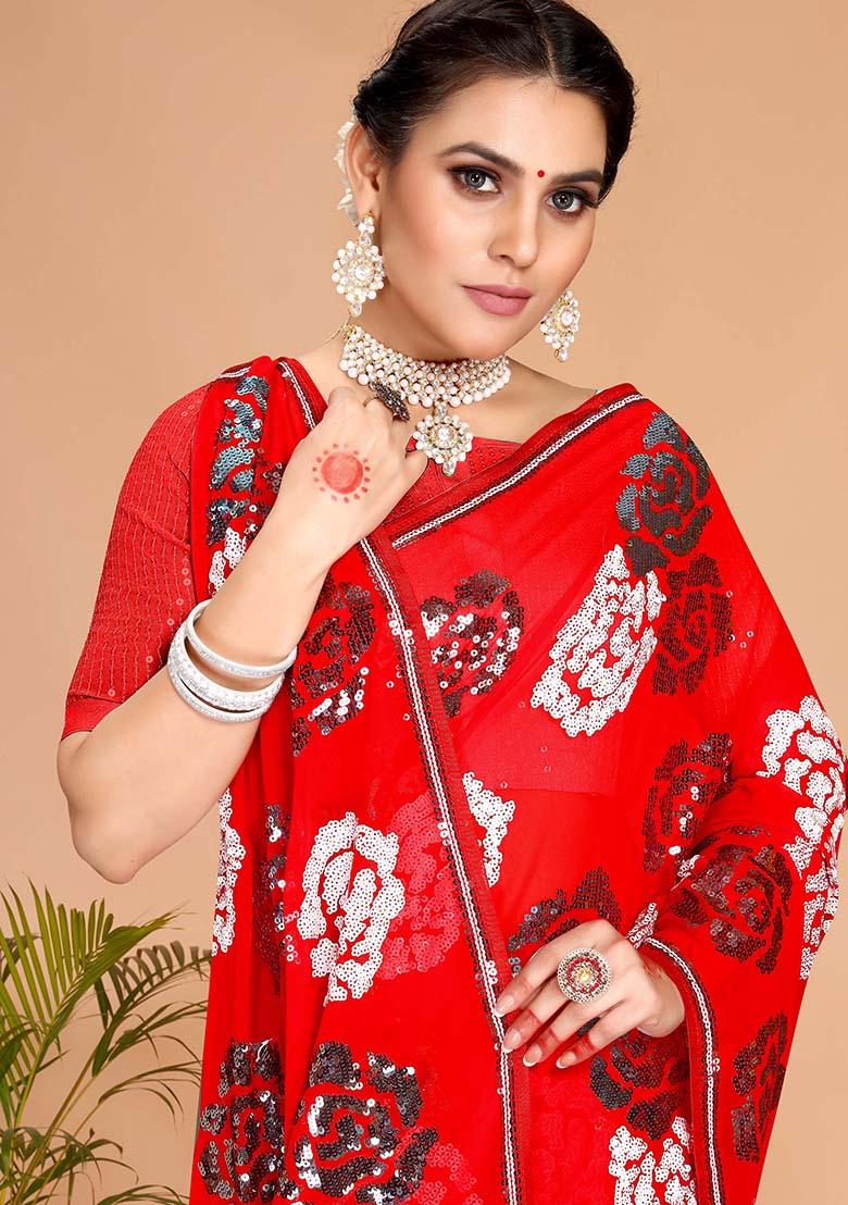 Red Embroidery Georgette Saree - Indya