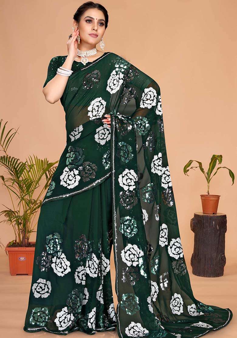 Bottle Green Embroidery Georgette Saree for Diwali and Festive Wear - Indya