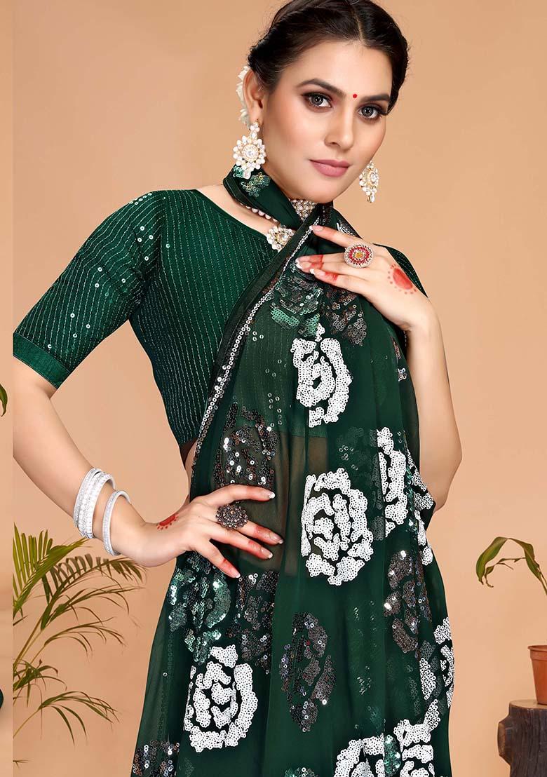 Bottle Green Embroidery Georgette Saree - Indya