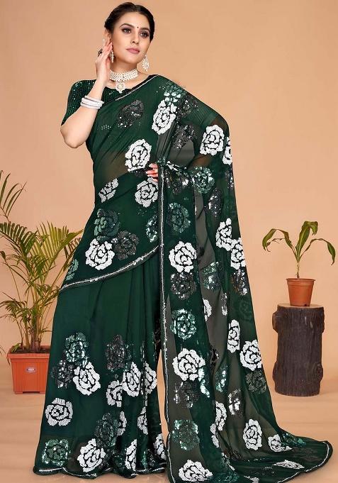 Bottle Green Embroidery Georgette Saree