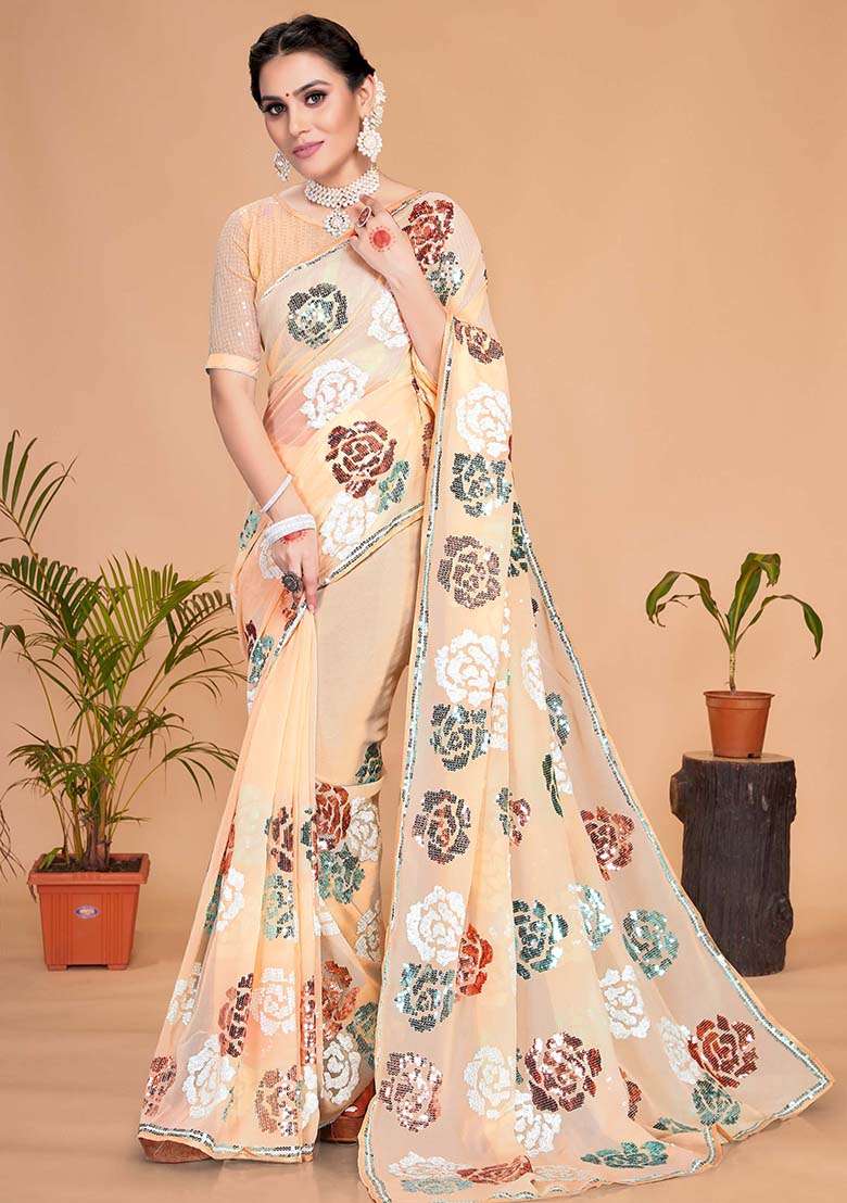 Light Yellow Georgette Saree with Embroidery for Diwali | Wedding & Festive Wear - Indya