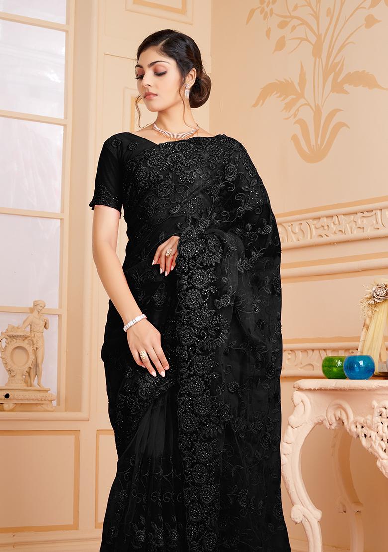 Black Embroidery NET Saree - Indya