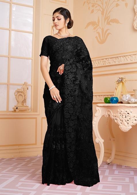 Black Embroidery NET Saree
